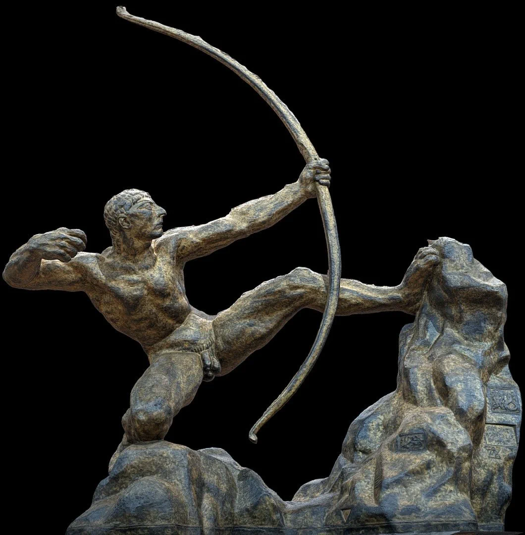 A bronze sculpture depicting Hercules, a muscular figure, in a dynamic pose as he draws back a large bow.